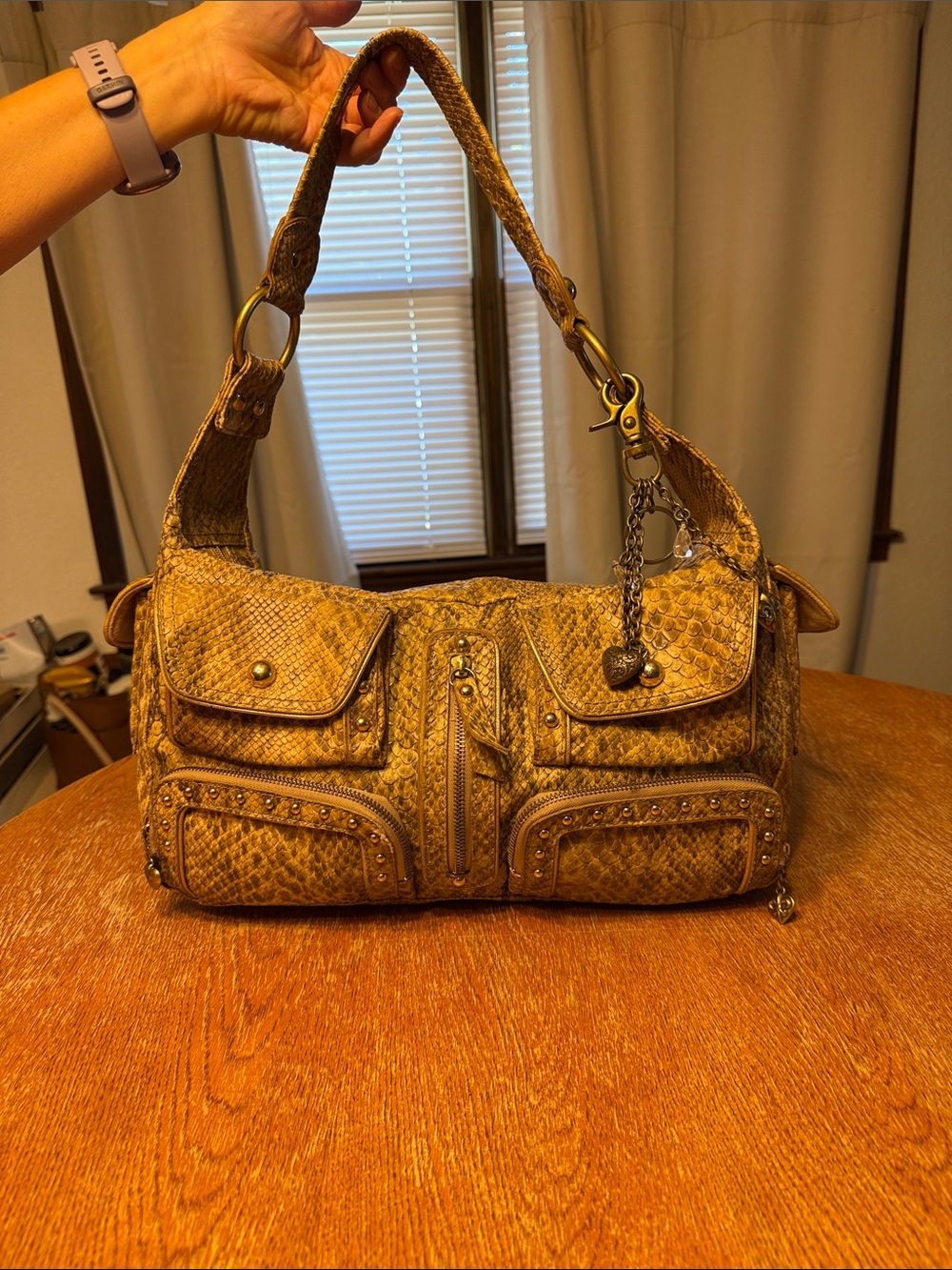 Kathy Van Zeeland Textured Brown Shoulder Bag with Stud Accents
